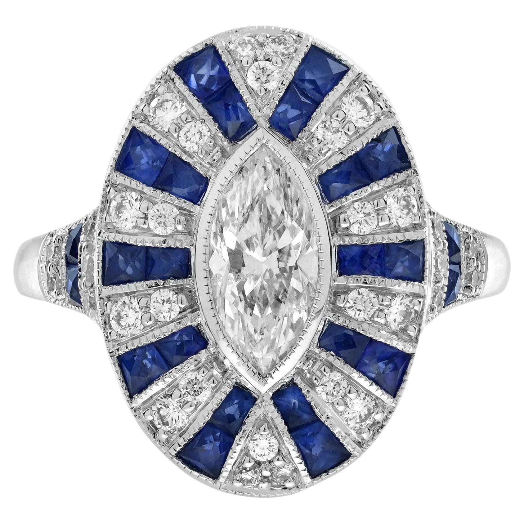 Marquise Shape Diamond & Blue Sapphire Art Deco Style 18K White Gold Shield Ring