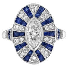 Marquise Shape Diamond & Blue Sapphire Art Deco Style 18K White Gold Shield Ring