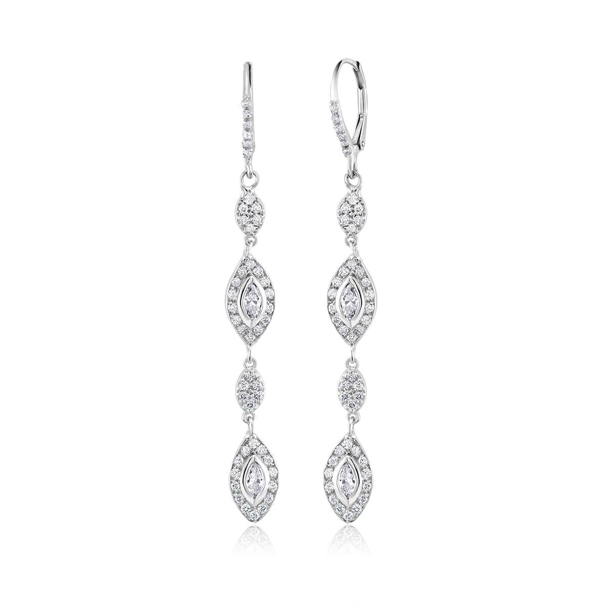 Marquise Cut Marquise Shaped Halo Diamond Double Tiered Hoop Drop Earrings 