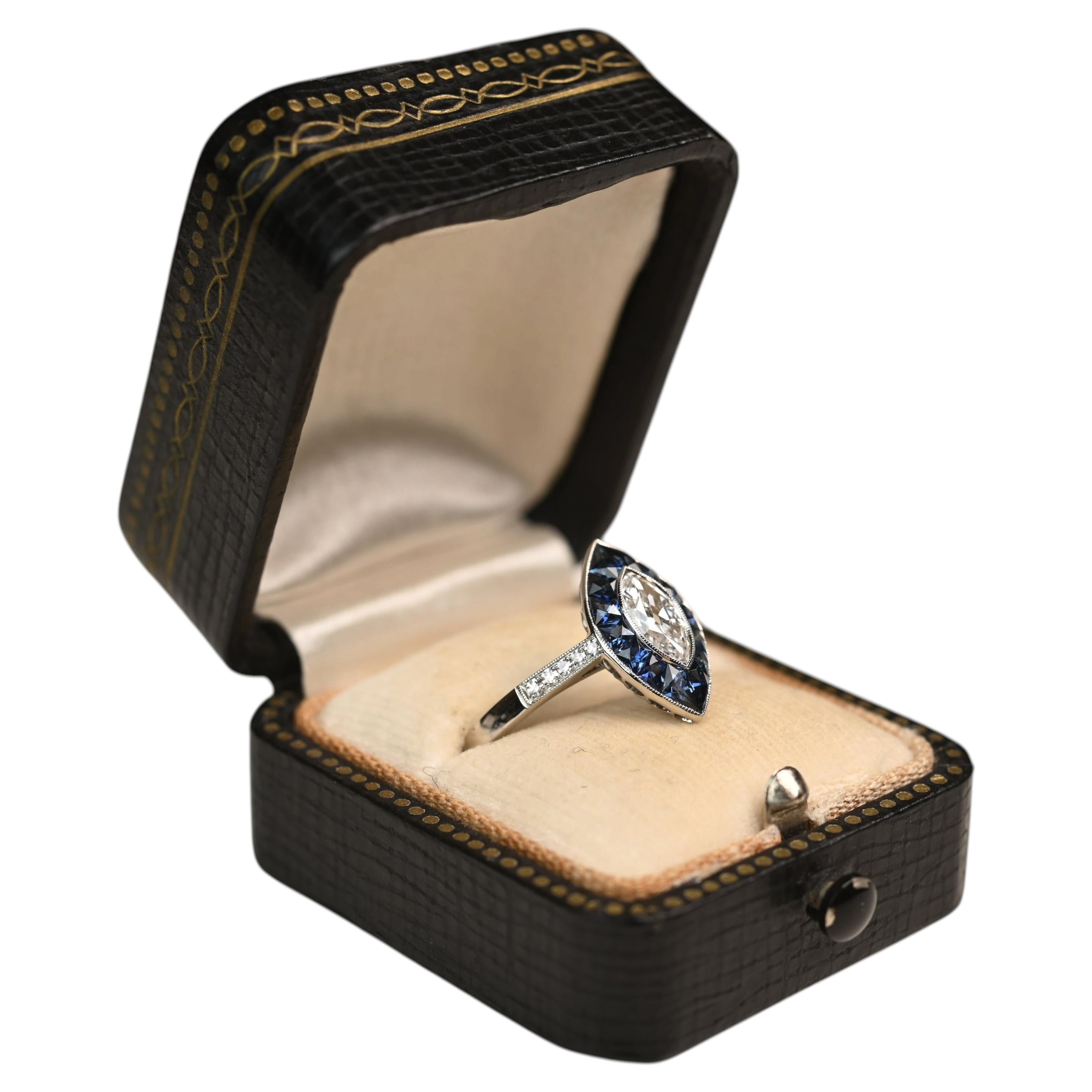 Marquise Shape Engagement Ring. 0.50ct Diamond Sapphire Halo Ring Platinum I SI2 For Sale