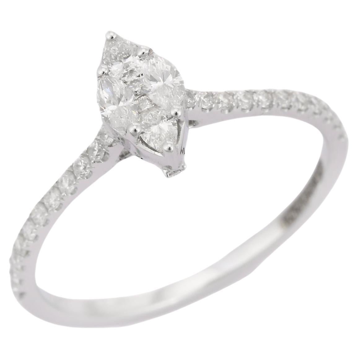 Illusion Marquise Diamond Studded in 14K Solid White Gold Ring Engagement Ring