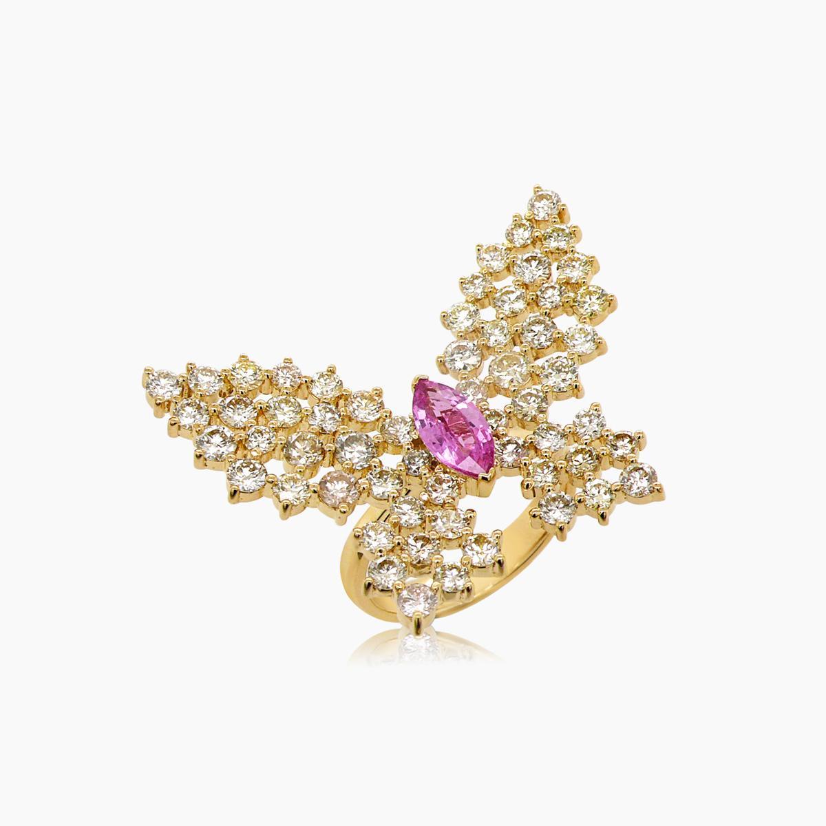 Marquise Shape Pink Sapphire & Diamonds Butterfly Sweet 18K Yellow Gold Ring In New Condition For Sale In Oakton, VA