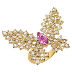 Marquise Shape Pink Sapphire & Diamonds Butterfly Sweet 18K Yellow Gold Ring