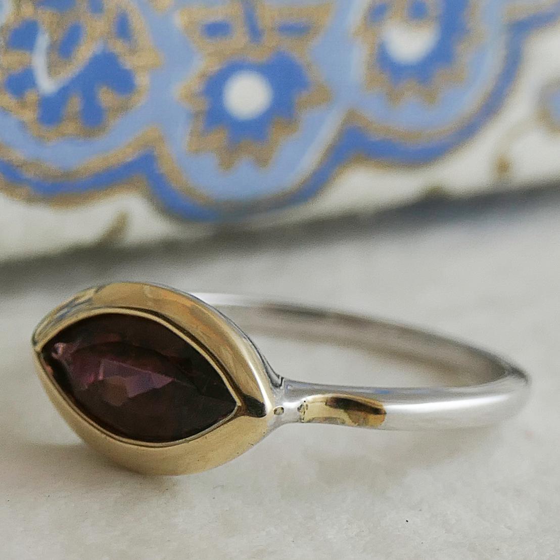 Women's Marquise Shape Pink Tourmaline 14ktYellow Gold and Sterling Silver Ring Size 7 For Sale