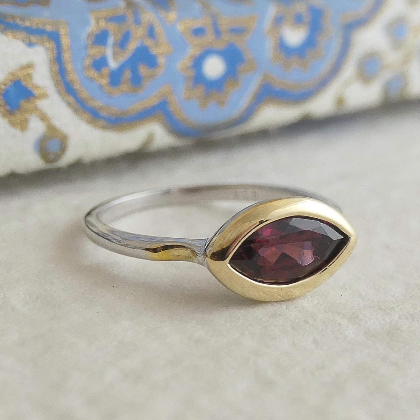 Marquise Shape Pink Tourmaline 14ktYellow Gold and Sterling Silver Ring Size 7 For Sale 1