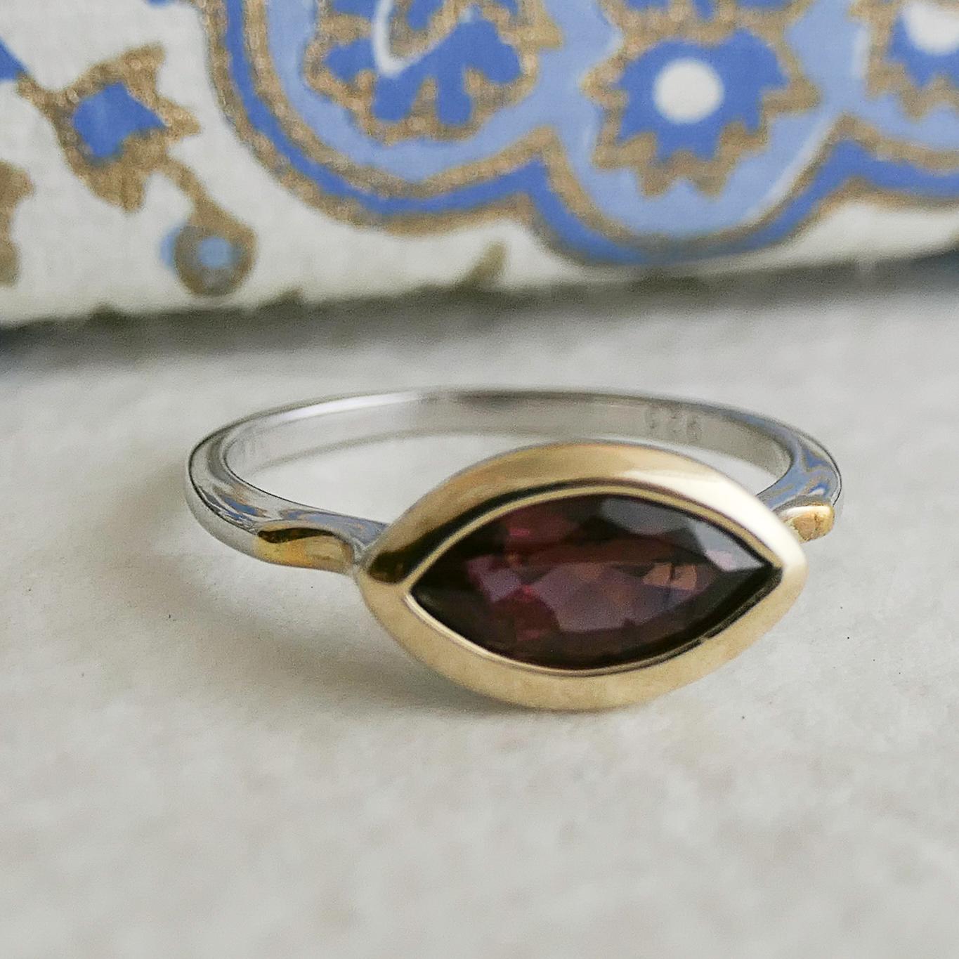 Marquise Shape Pink Tourmaline 14ktYellow Gold and Sterling Silver Ring Size 7 For Sale 2