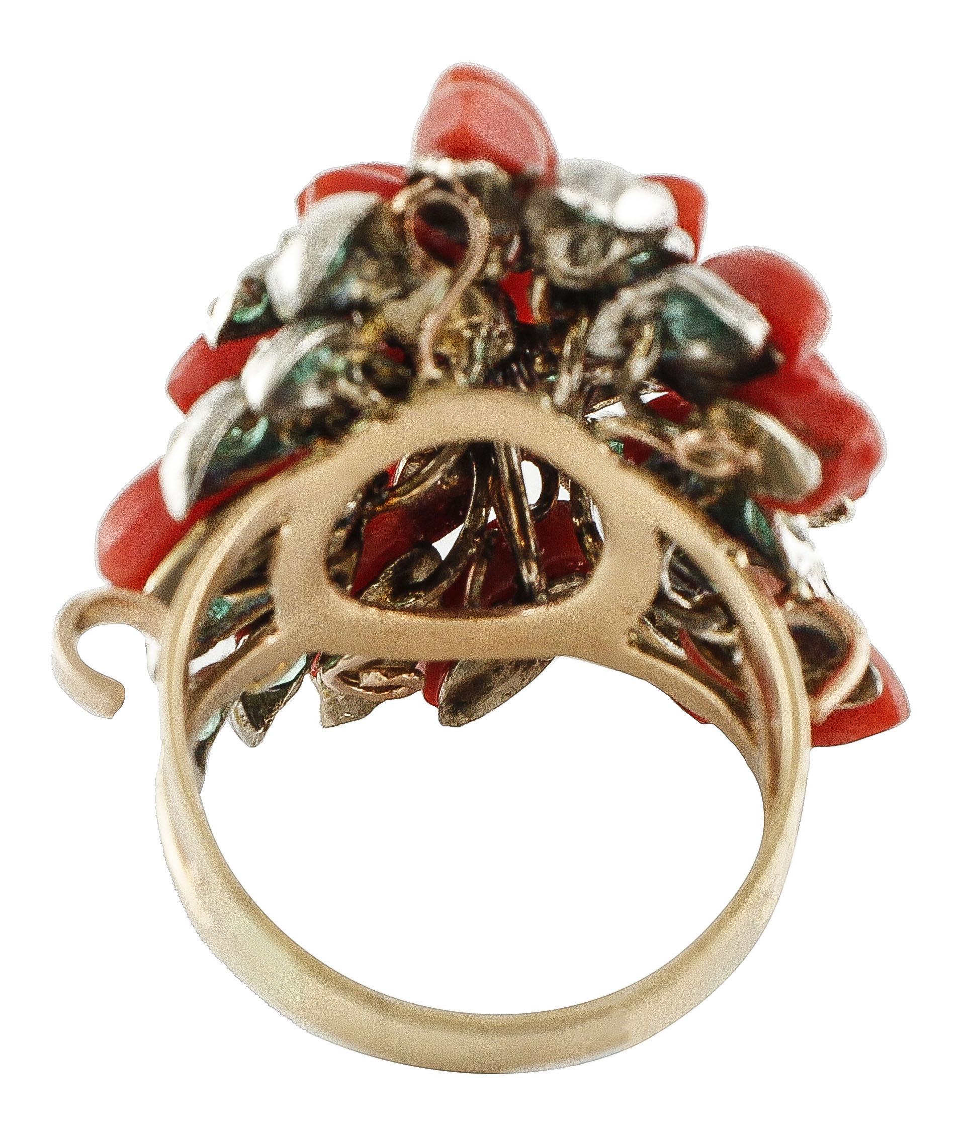 Retro Marquise Shape Red Corals, Emeralds Rose Gold and Silver Cluster Ring