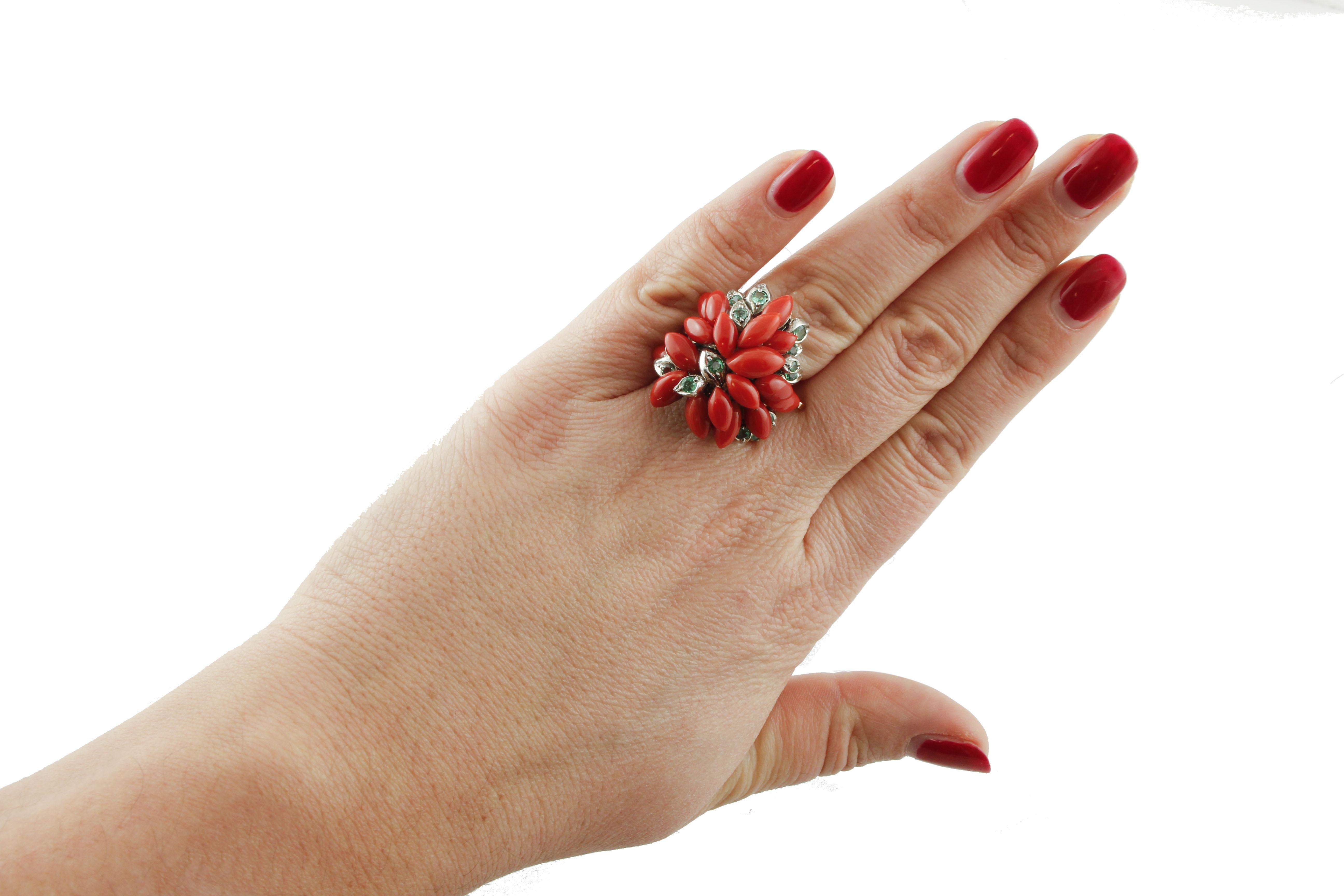 Women's Marquise Shape Red Corals, Emeralds Rose Gold and Silver Cluster Ring