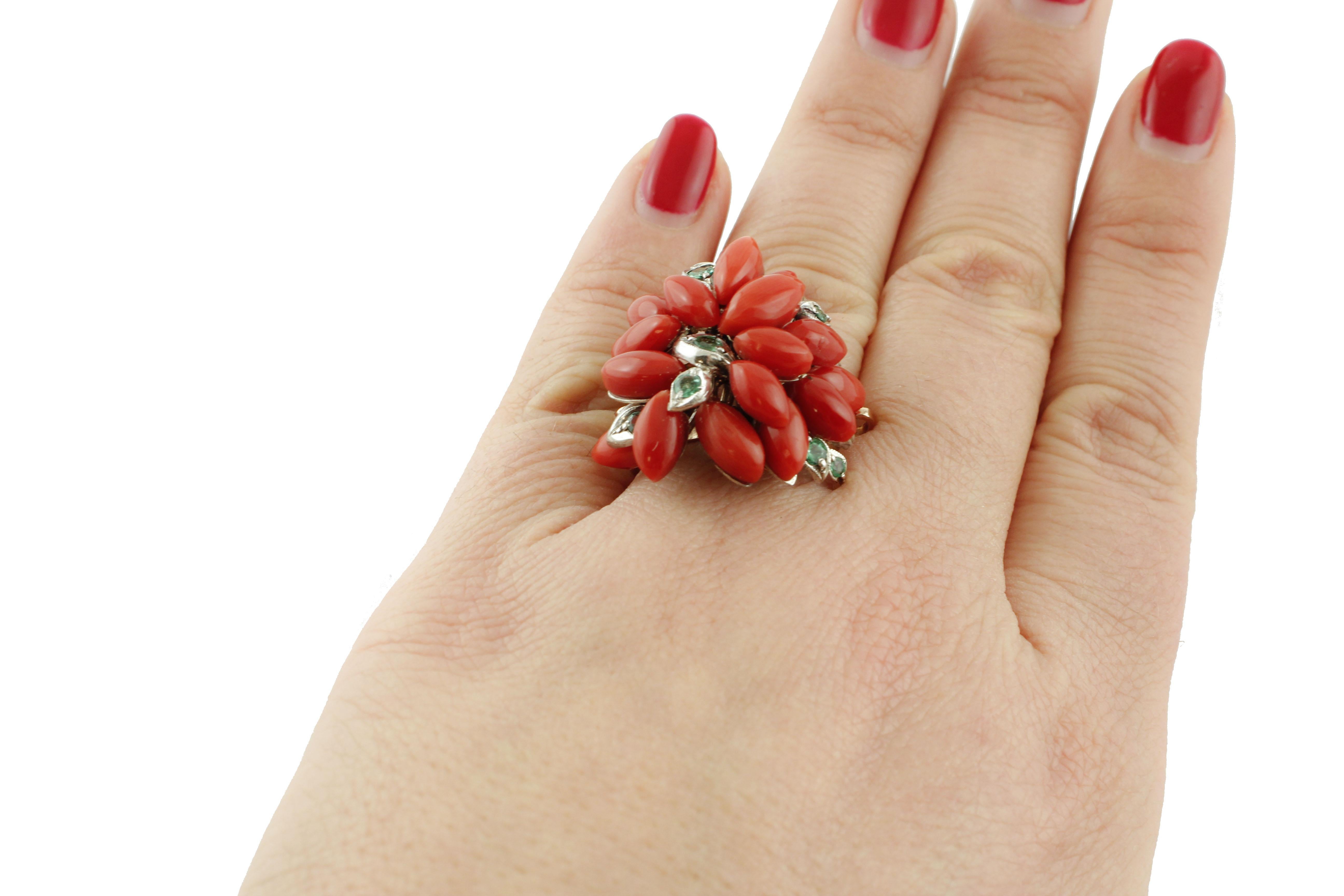 Marquise Shape Red Corals, Emeralds Rose Gold and Silver Cluster Ring 1