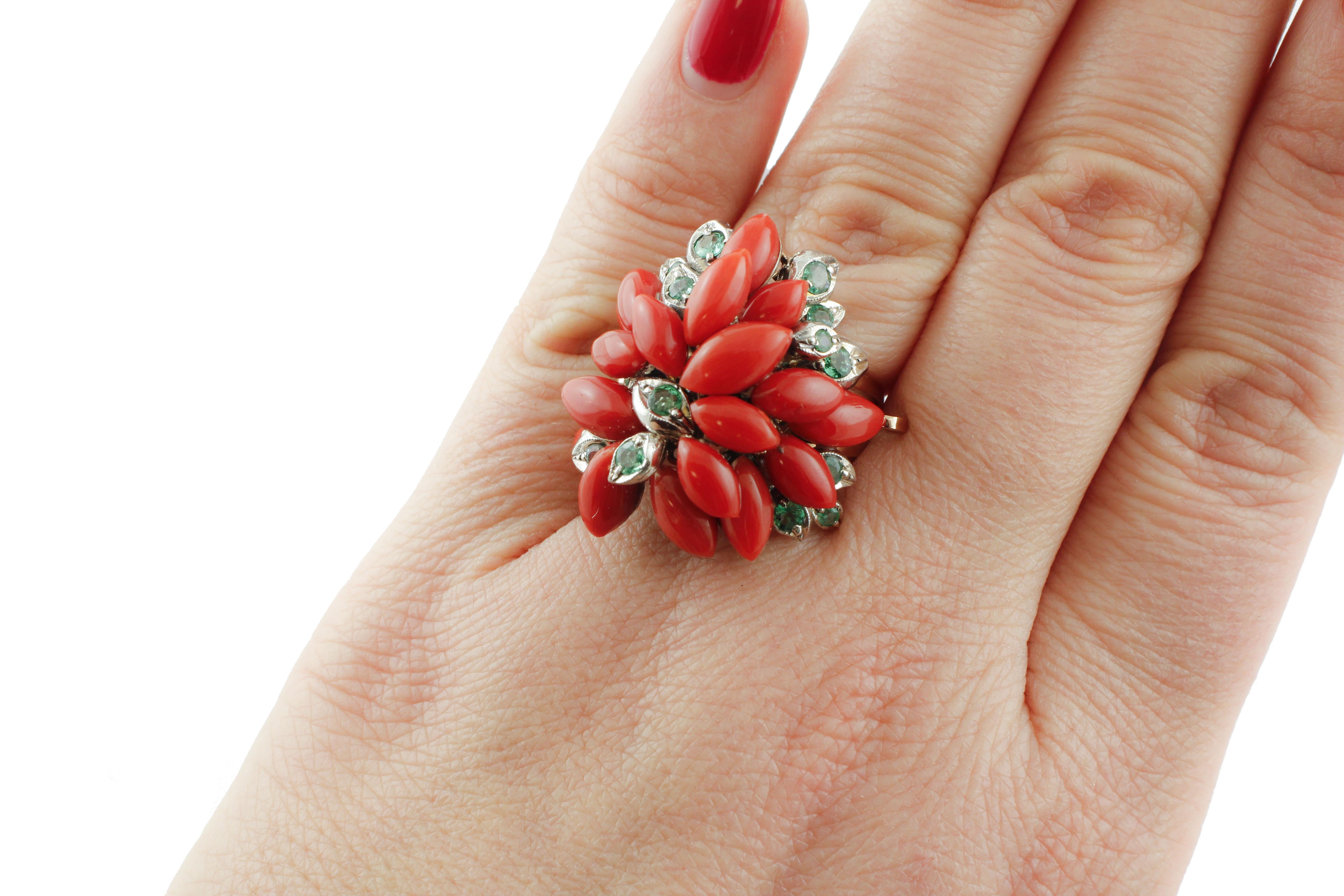 Marquise Shape Red Corals, Emeralds Rose Gold and Silver Cluster Ring 2