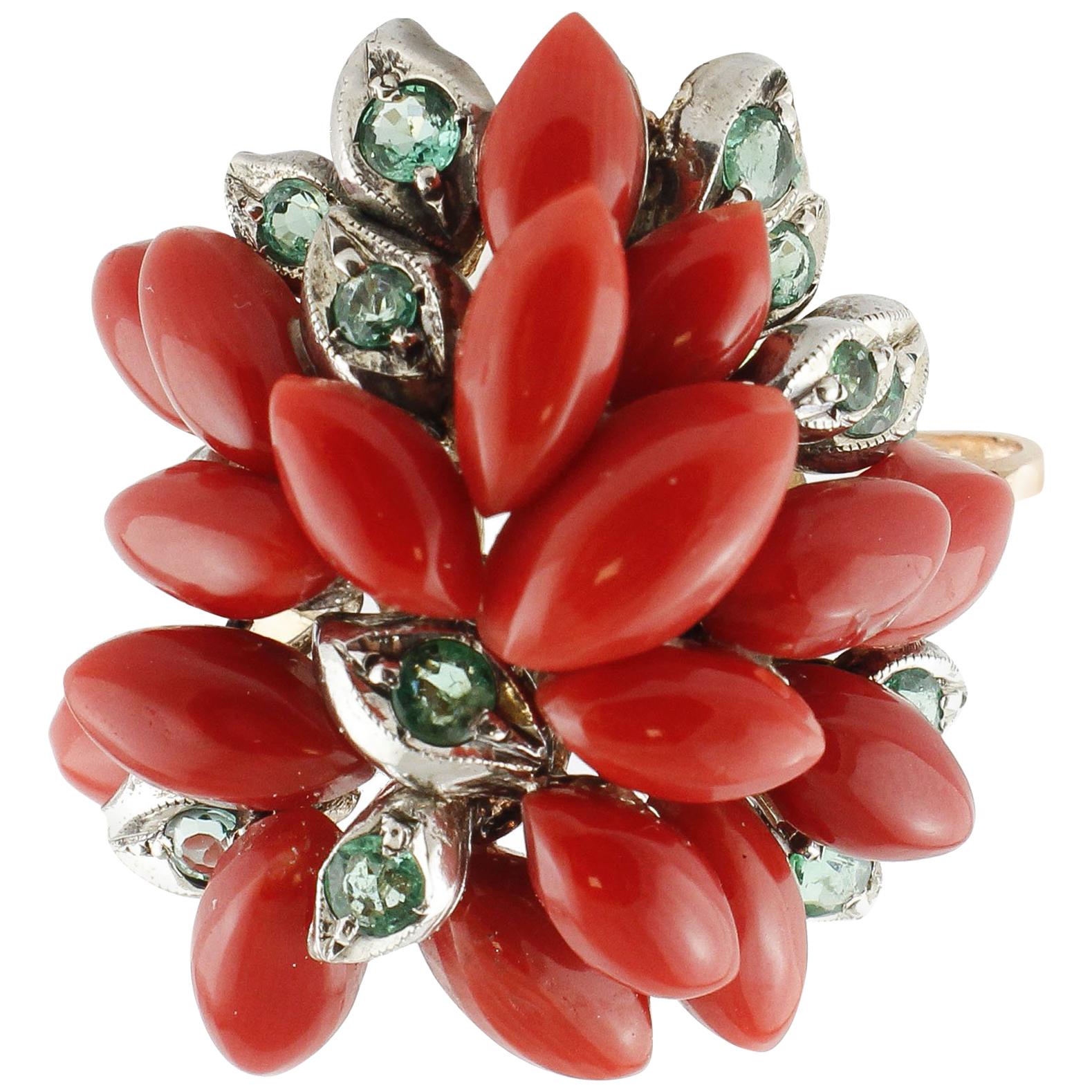 Marquise Shape Red Corals, Emeralds Rose Gold and Silver Cluster Ring
