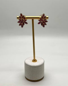 Marquise Shape Red Pink Ruby Diamond Halo 14K Yellow Gold Statement Earrings