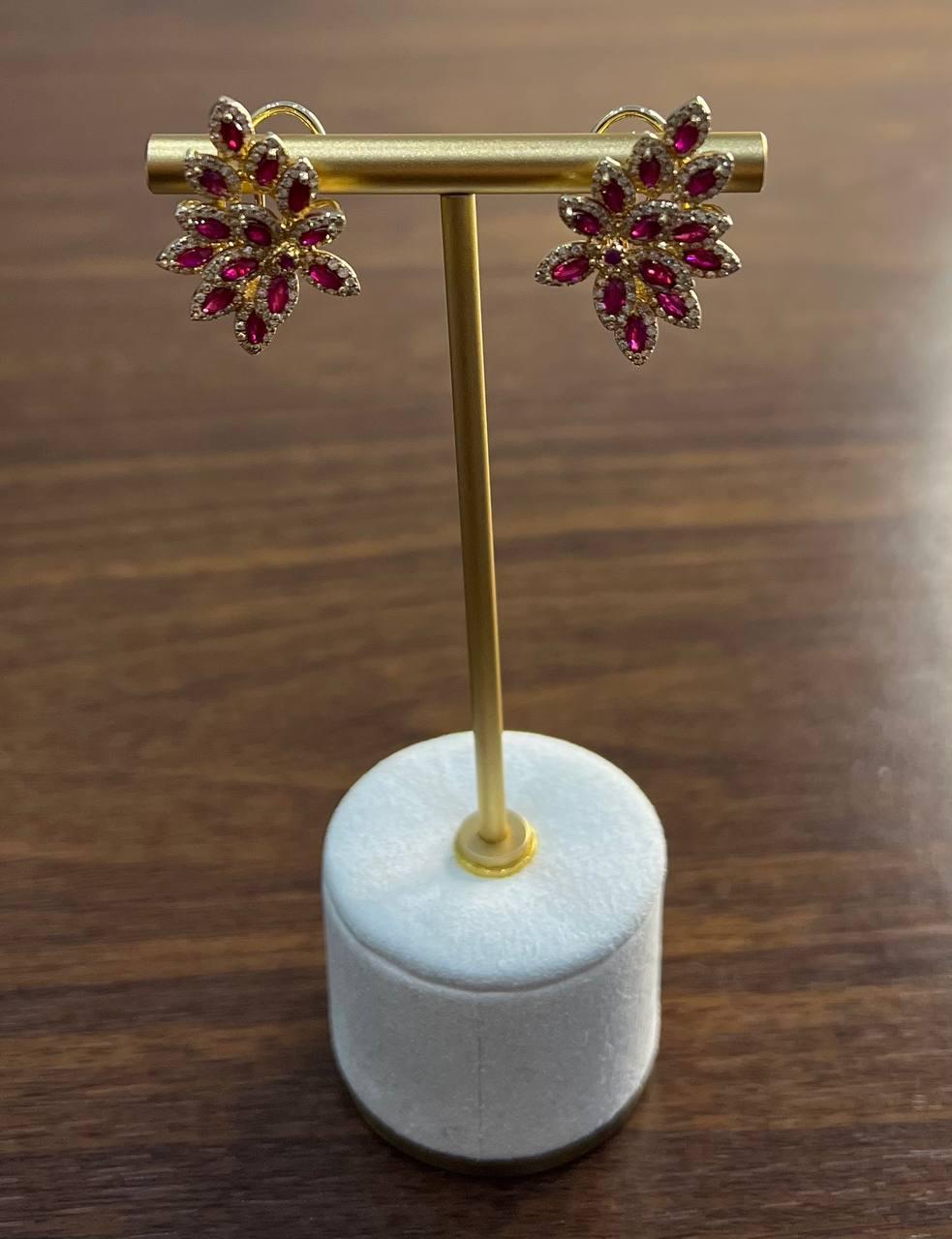 Marquise Shape Red Pink Ruby Diamond Halo 14K Yellow Gold Statement Earrings For Sale 1