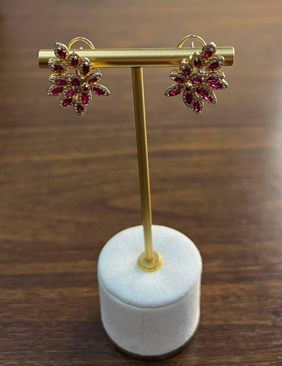 Marquise Shape Red Pink Ruby Diamond Halo 14K Yellow Gold Statement Earrings For Sale 2