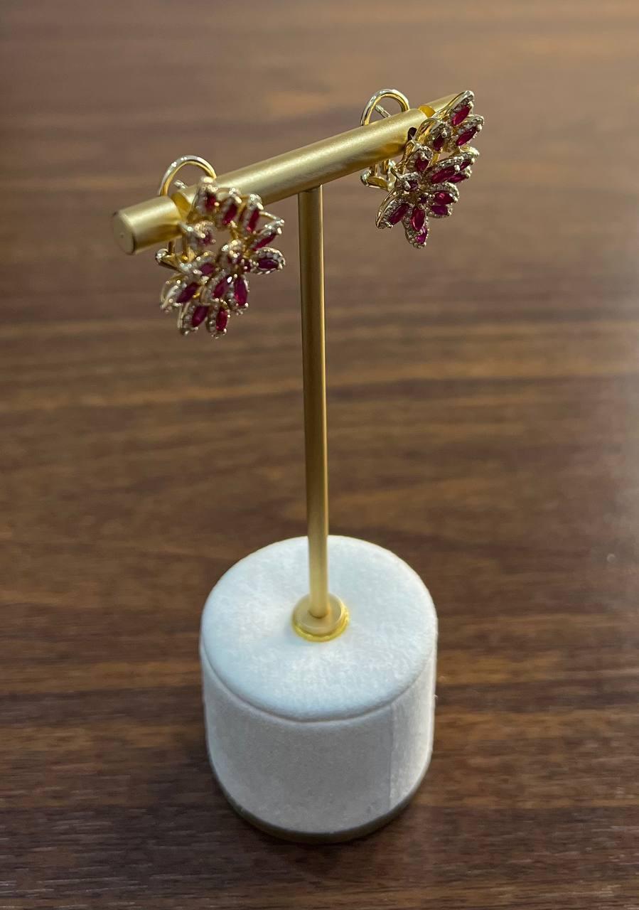 Marquise Shape Red Pink Ruby Diamond Halo 14K Yellow Gold Statement Earrings For Sale 4