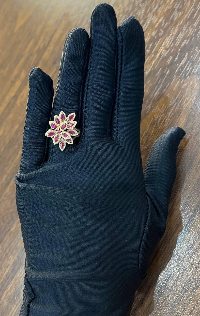 Marquise Shape Red Pink Ruby Floral Flower 14K Rose Gold Cocktail Diamonds Ring For Sale 5