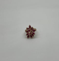 Marquise Shape Red Pink Ruby Floral Flower 14K Rose Gold Cocktail Diamonds Ring