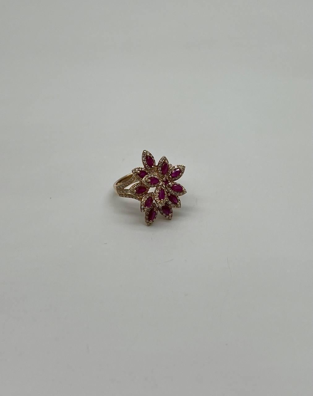 Marquise Cut Marquise Shape Red Pink Ruby Floral Flower 14K Rose Gold Cocktail Diamonds Ring For Sale