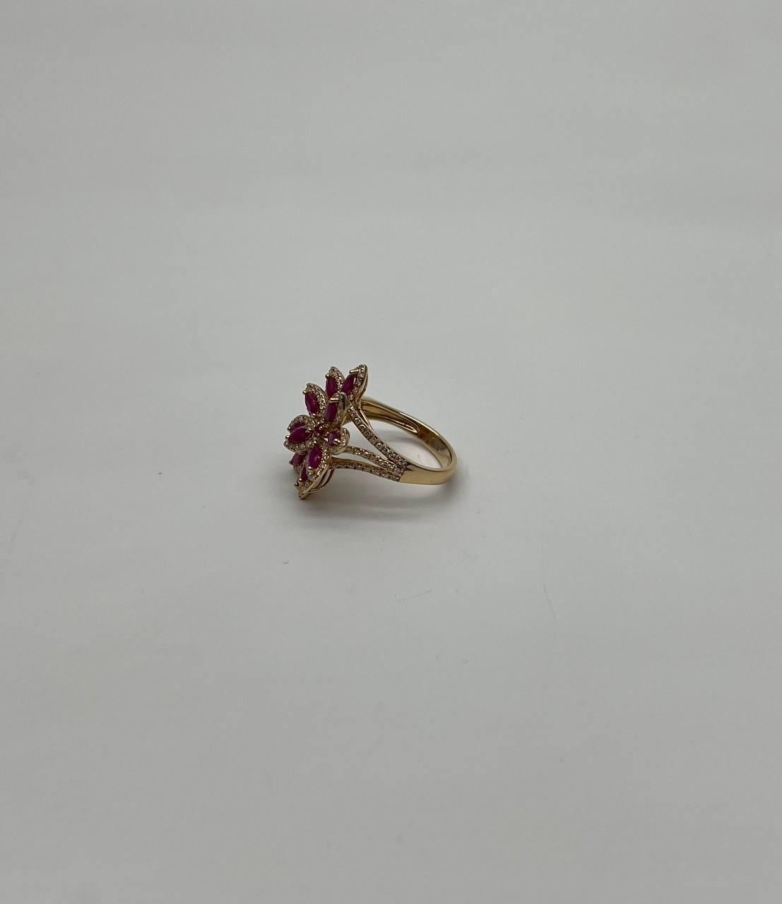 Marquise Shape Red Pink Ruby Floral Flower 14K Rose Gold Cocktail Diamonds Ring In New Condition For Sale In Oakton, VA