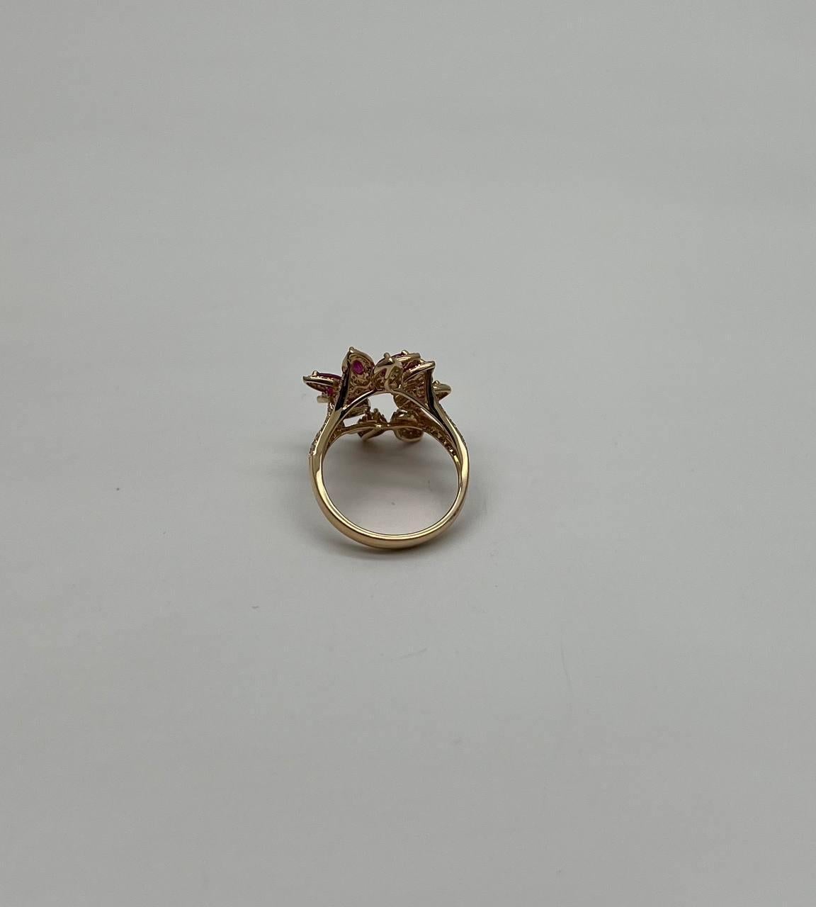 Women's Marquise Shape Red Pink Ruby Floral Flower 14K Rose Gold Cocktail Diamonds Ring For Sale