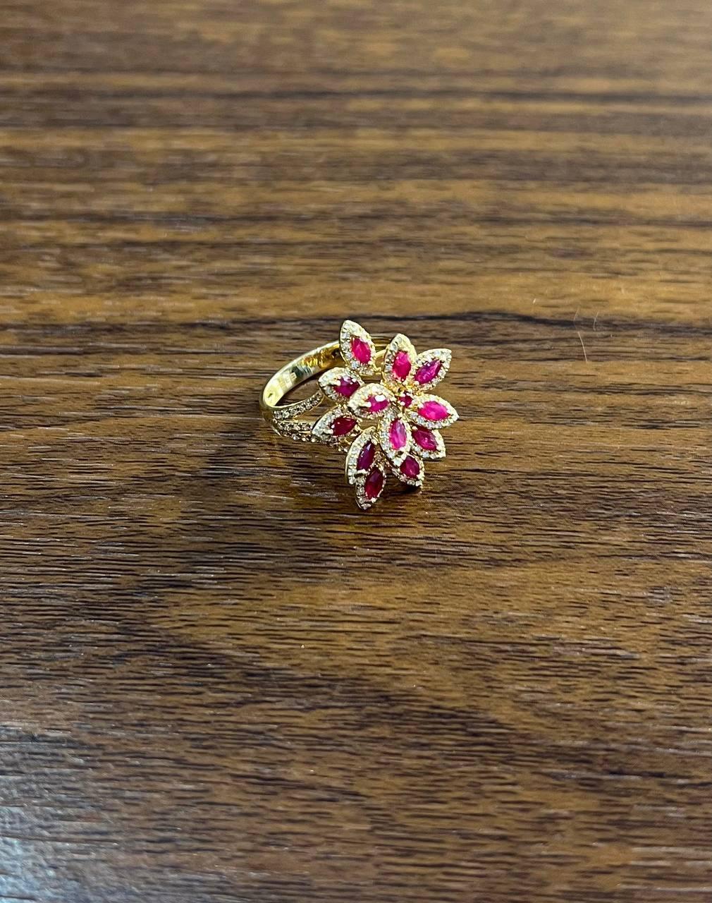 Marquise Shape Red Pink Ruby Floral Flower 14K Rose Gold Cocktail Diamonds Ring For Sale 1