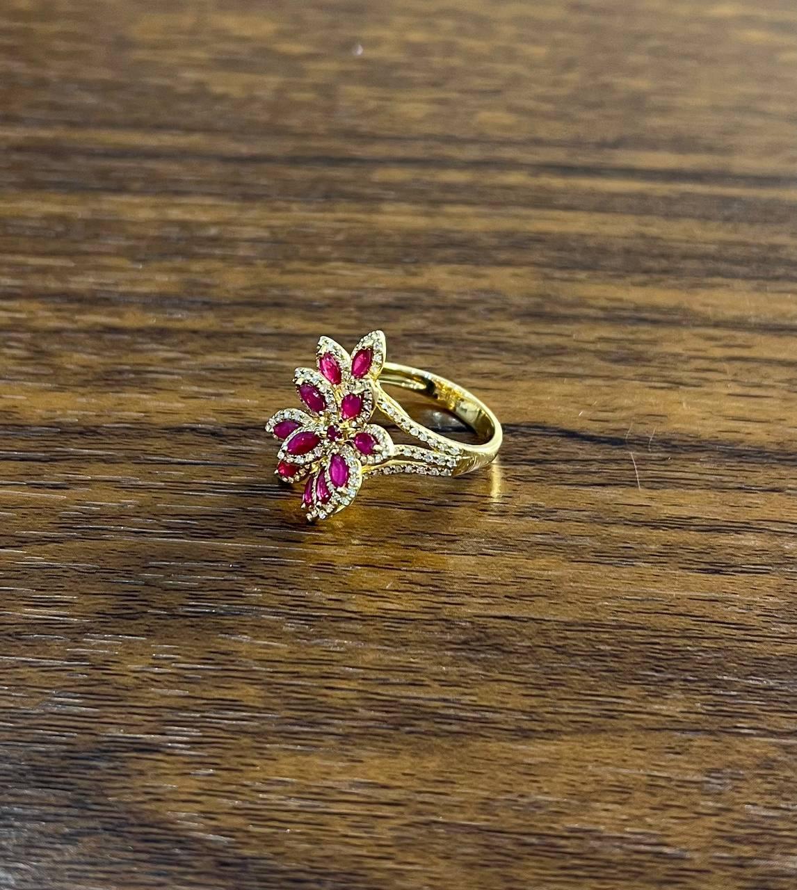 Marquise Shape Red Pink Ruby Floral Flower 14K Rose Gold Cocktail Diamonds Ring For Sale 2