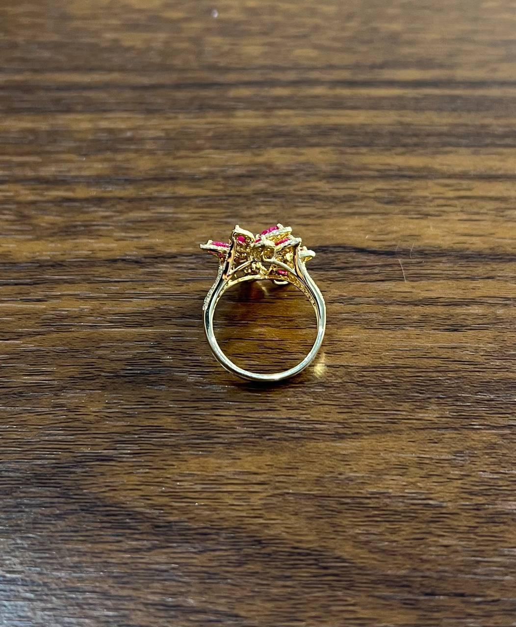 Marquise Shape Red Pink Ruby Floral Flower 14K Rose Gold Cocktail Diamonds Ring For Sale 3