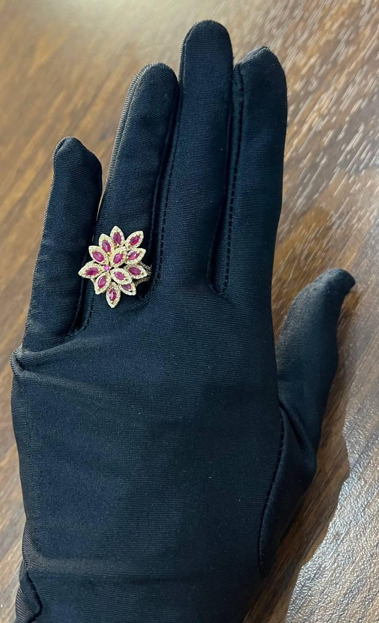 Marquise Shape Red Pink Ruby Floral Flower 14K Rose Gold Cocktail Diamonds Ring For Sale 4