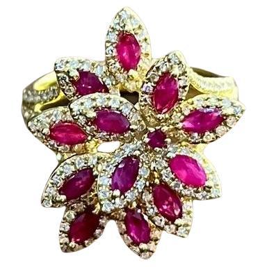 Marquise Shape Red Pink Ruby Floral Flower 14K Rose Gold Cocktail Diamonds Ring