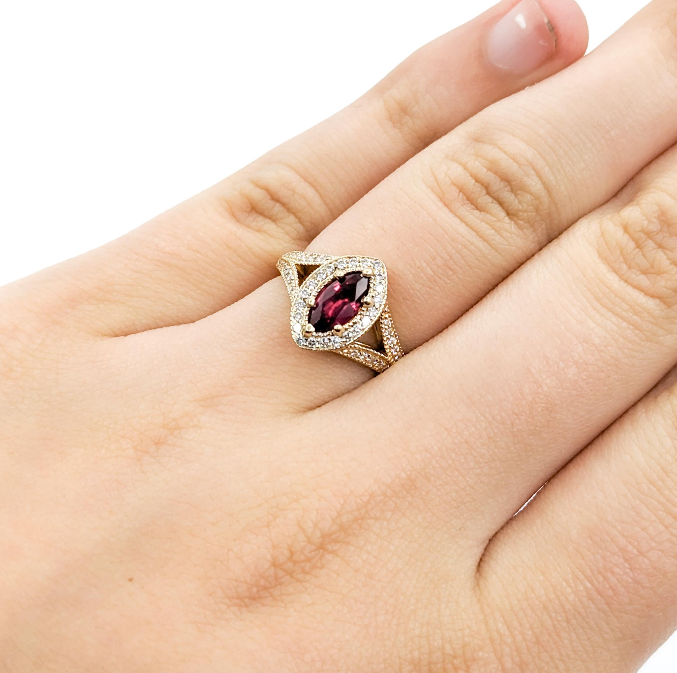 Marquise Cut Marquise Shape Ruby & Diamond Halo Ring in Yellow Gold