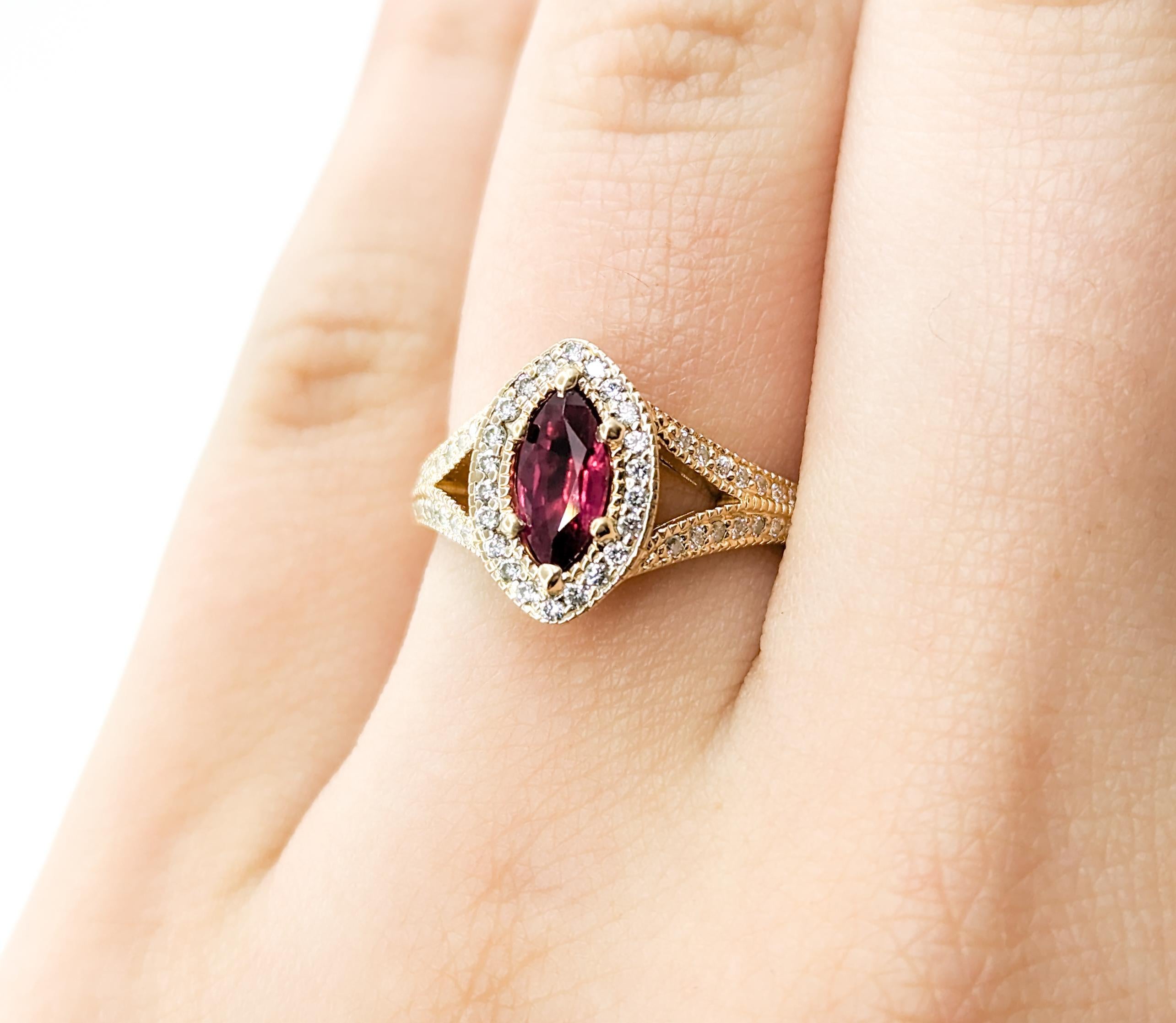 Marquise Shape Ruby & Diamond Halo Ring in Yellow Gold In Excellent Condition In Bloomington, MN