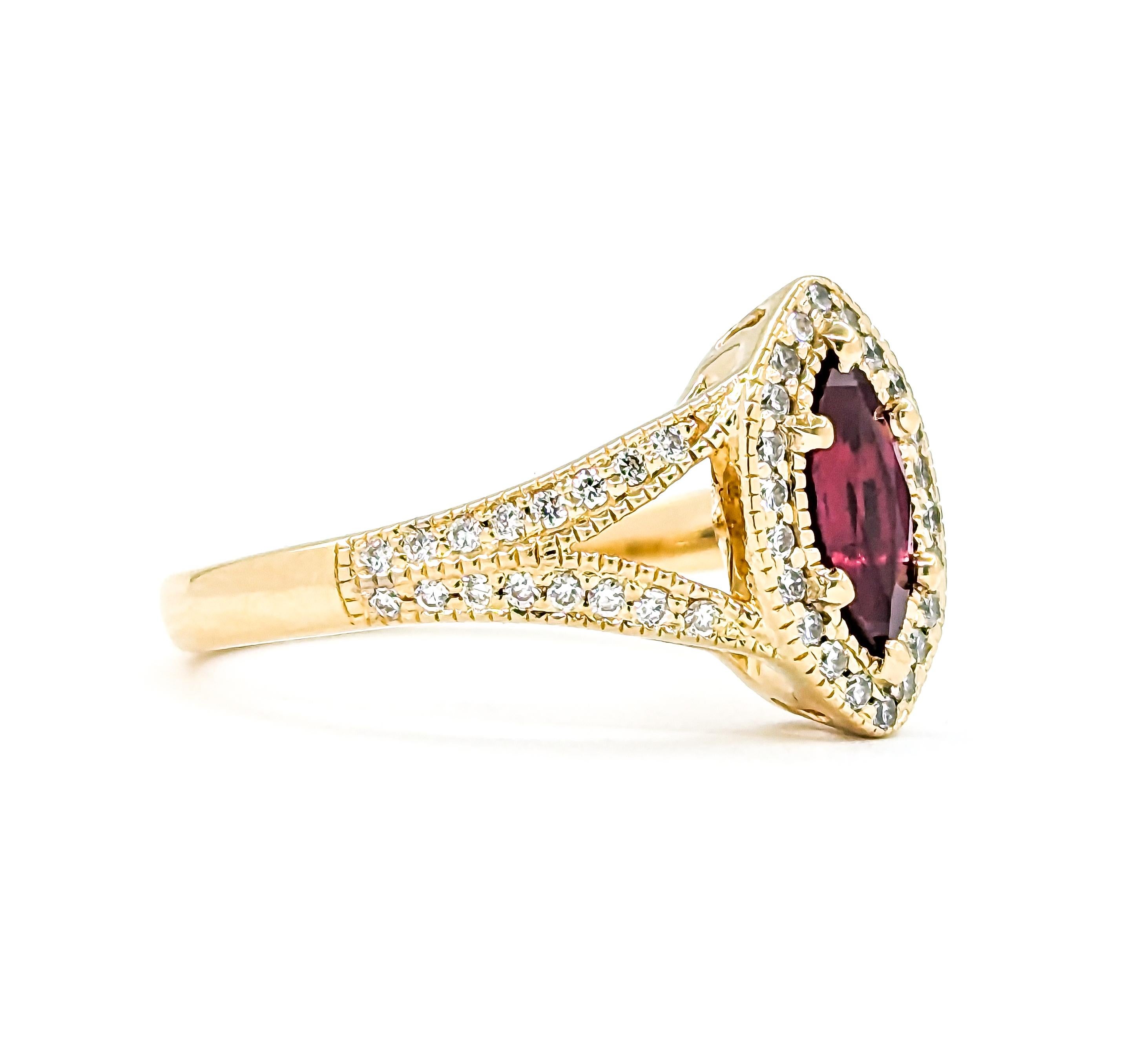Marquise Shape Ruby & Diamond Halo Ring in Yellow Gold 1