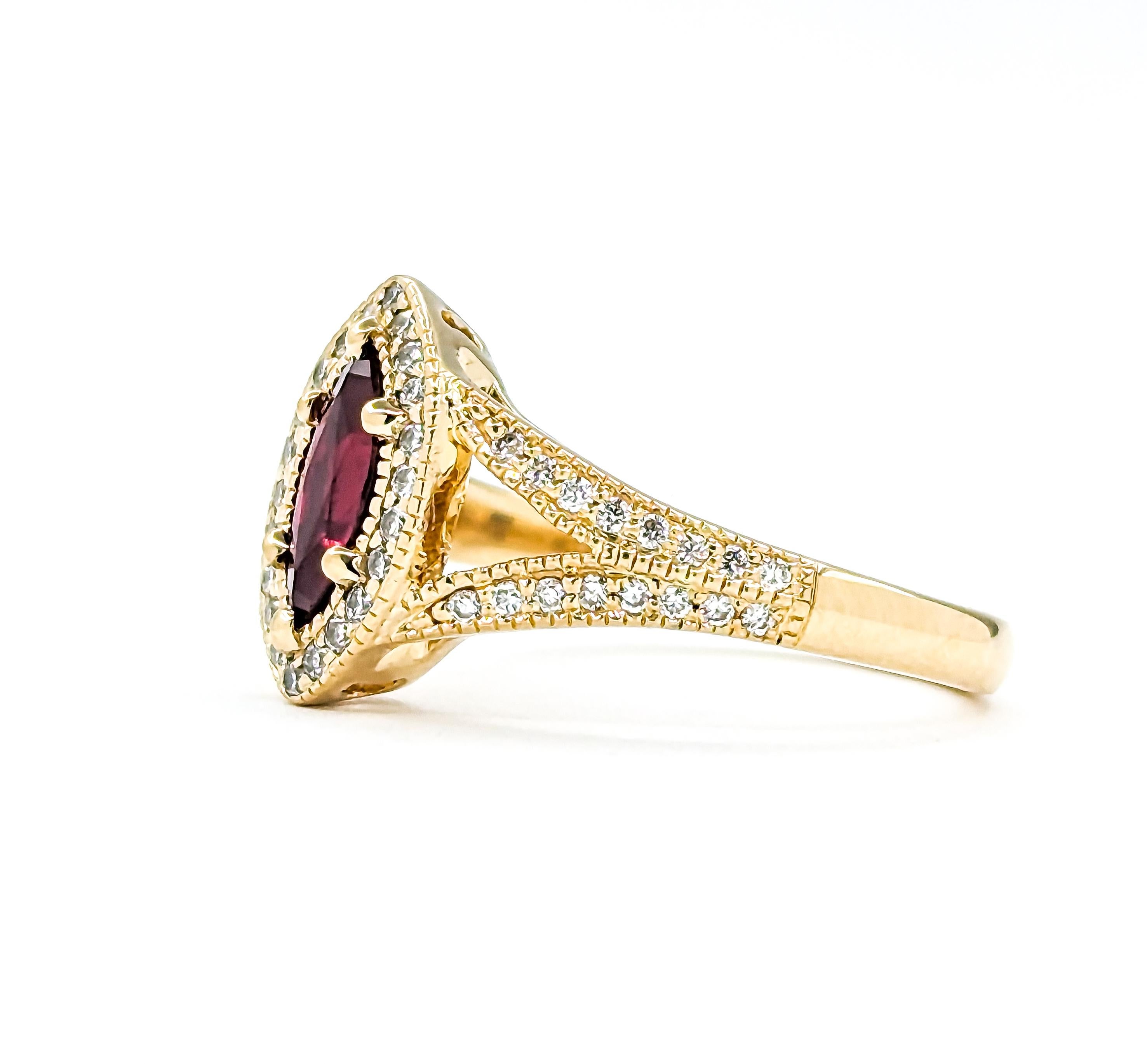 Marquise Shape Ruby & Diamond Halo Ring in Yellow Gold 2