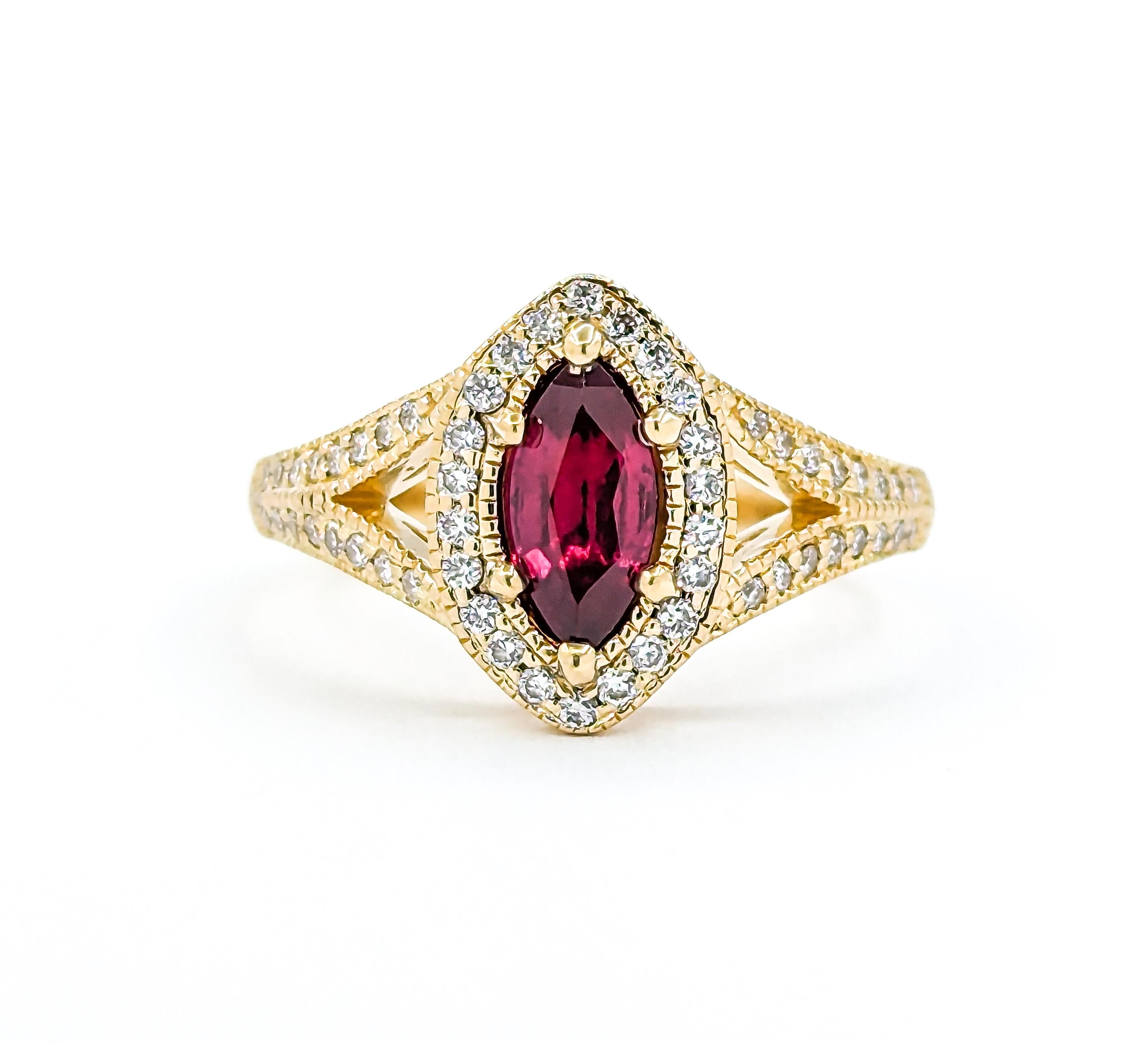Marquise Shape Ruby & Diamond Halo Ring in Yellow Gold 3