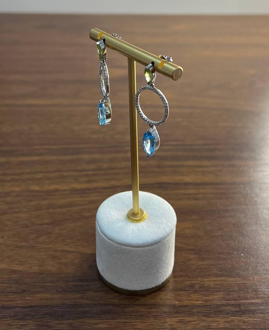 Marquise Shape Swiss Blue Topaz & Green Peridot 14K White Gold Diamond Earrings For Sale 5