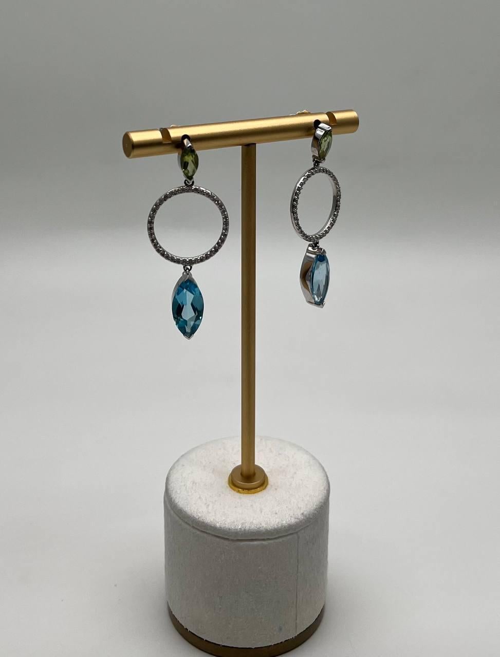 Contemporary Marquise Shape Swiss Blue Topaz & Green Peridot 14K White Gold Diamond Earrings For Sale
