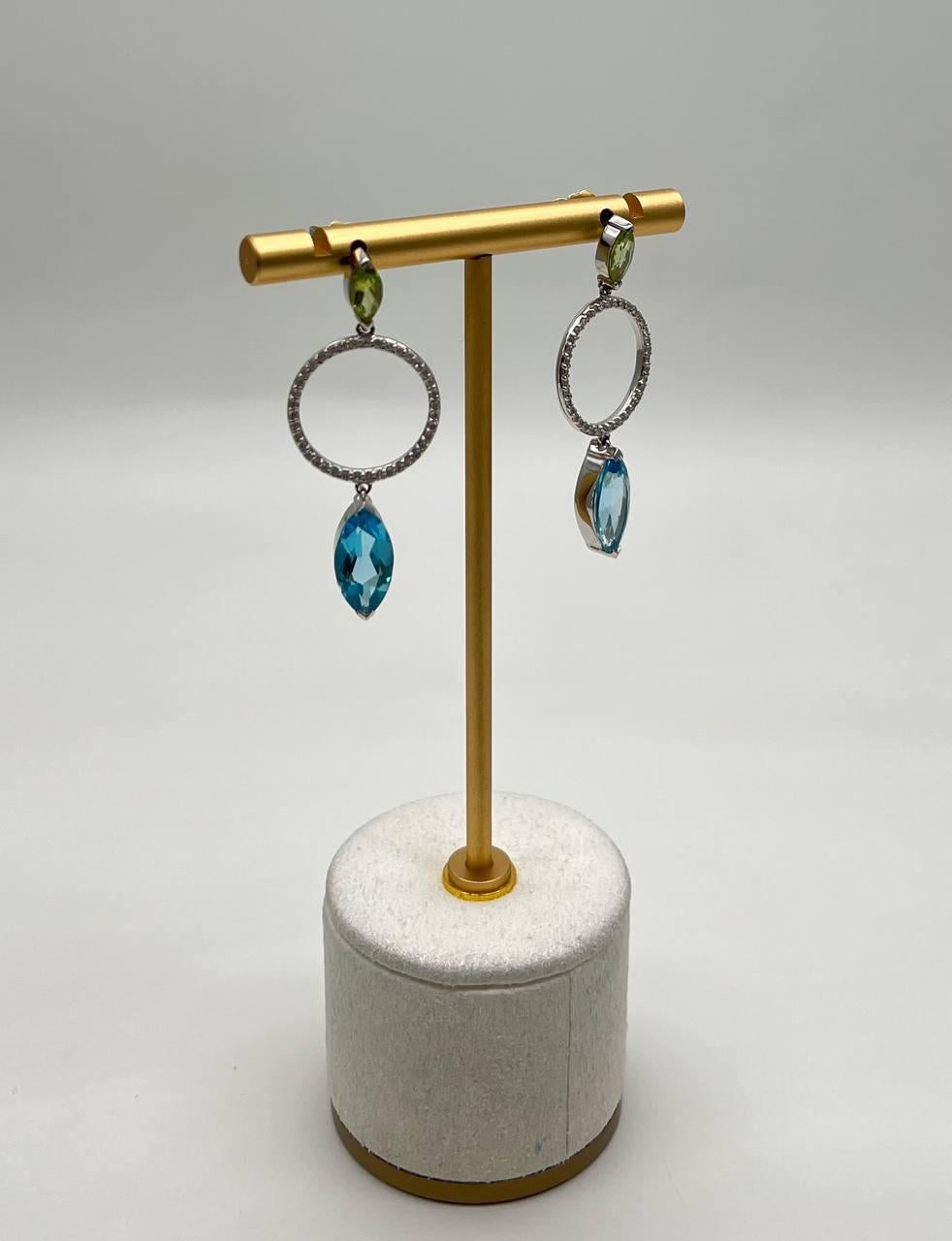 Marquise Shape Swiss Blue Topaz & Green Peridot 14K White Gold Diamond Earrings In New Condition For Sale In Oakton, VA