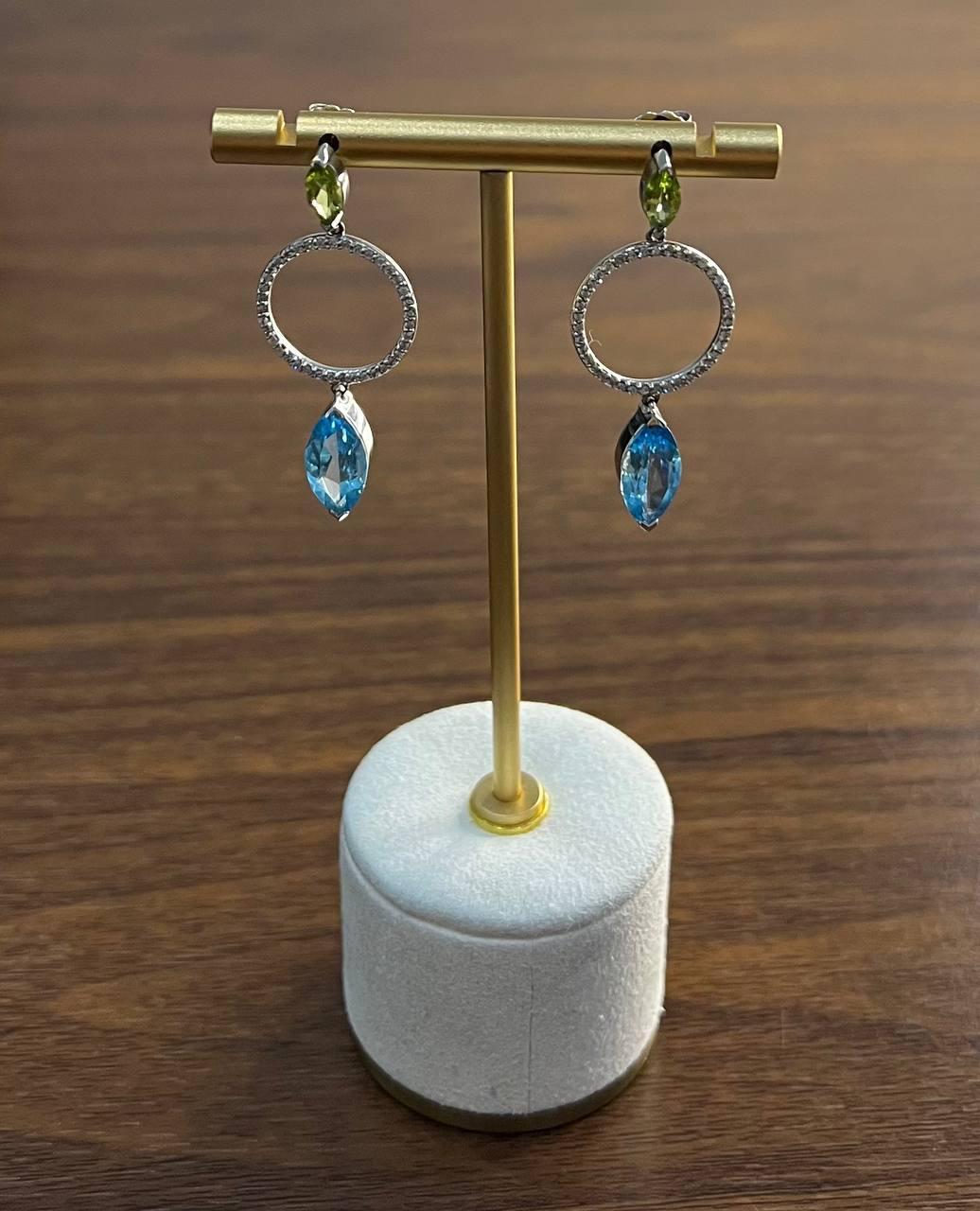 Marquise Shape Swiss Blue Topaz & Green Peridot 14K White Gold Diamond Earrings For Sale 1