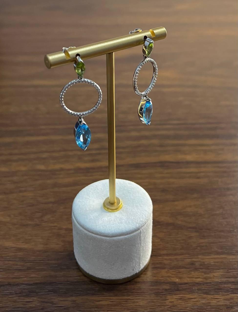 Marquise Shape Swiss Blue Topaz & Green Peridot 14K White Gold Diamond Earrings For Sale 3