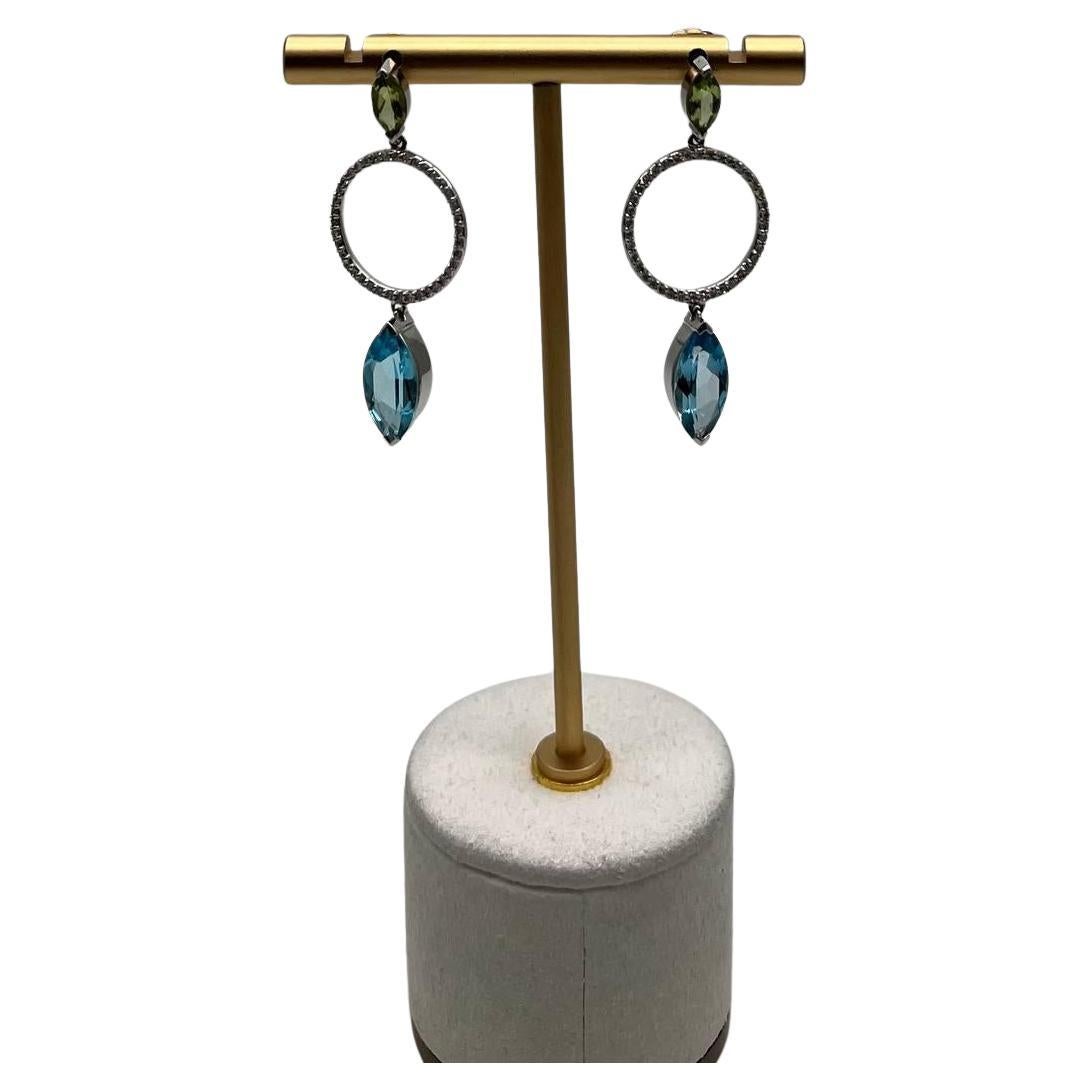 Marquise Shape Swiss Blue Topaz & Green Peridot 14K White Gold Diamond Earrings