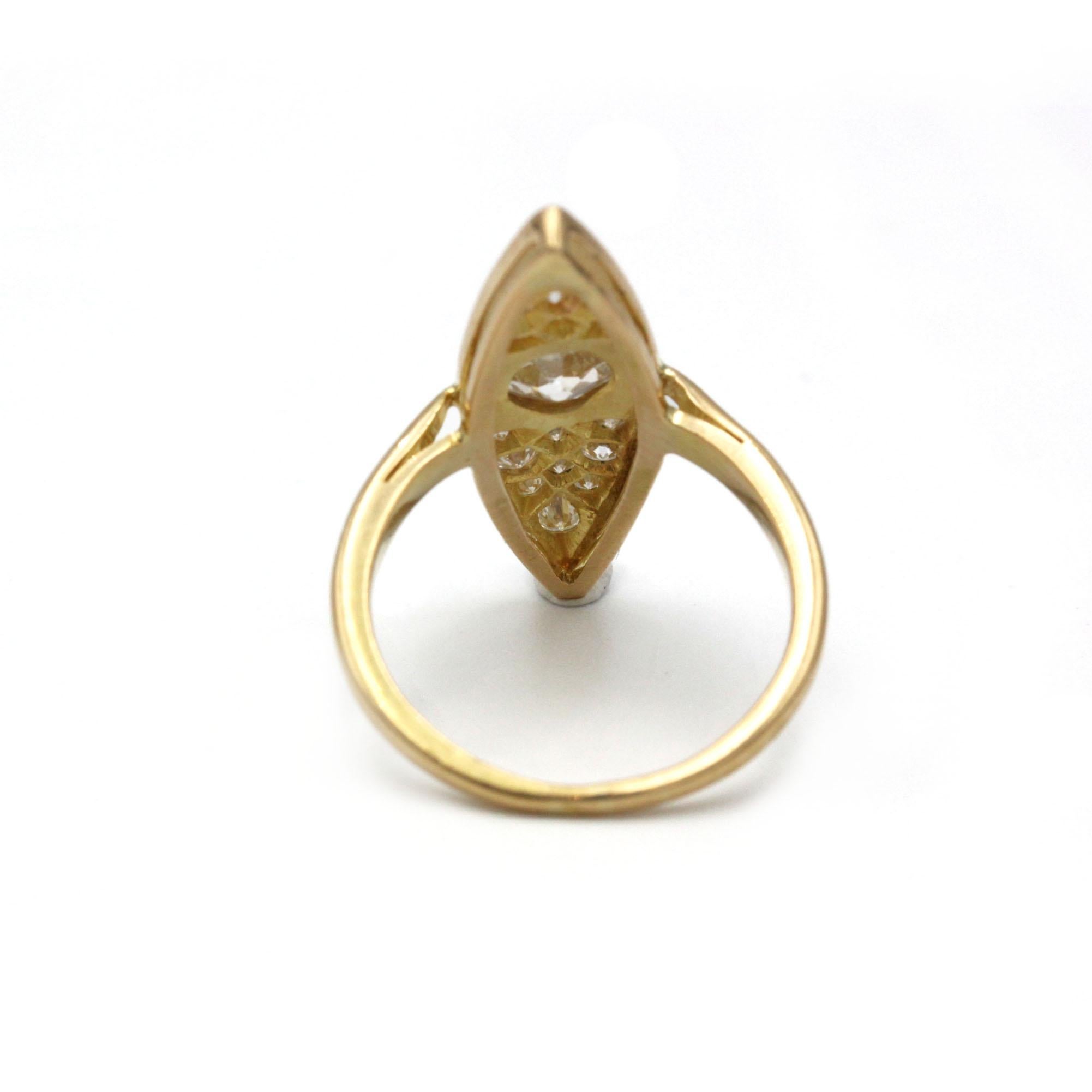 Art Deco Marquise-Shaped 18K Gold Ring with 0.70 ct Old-Mine Diamond & 18 Old mine For Sale