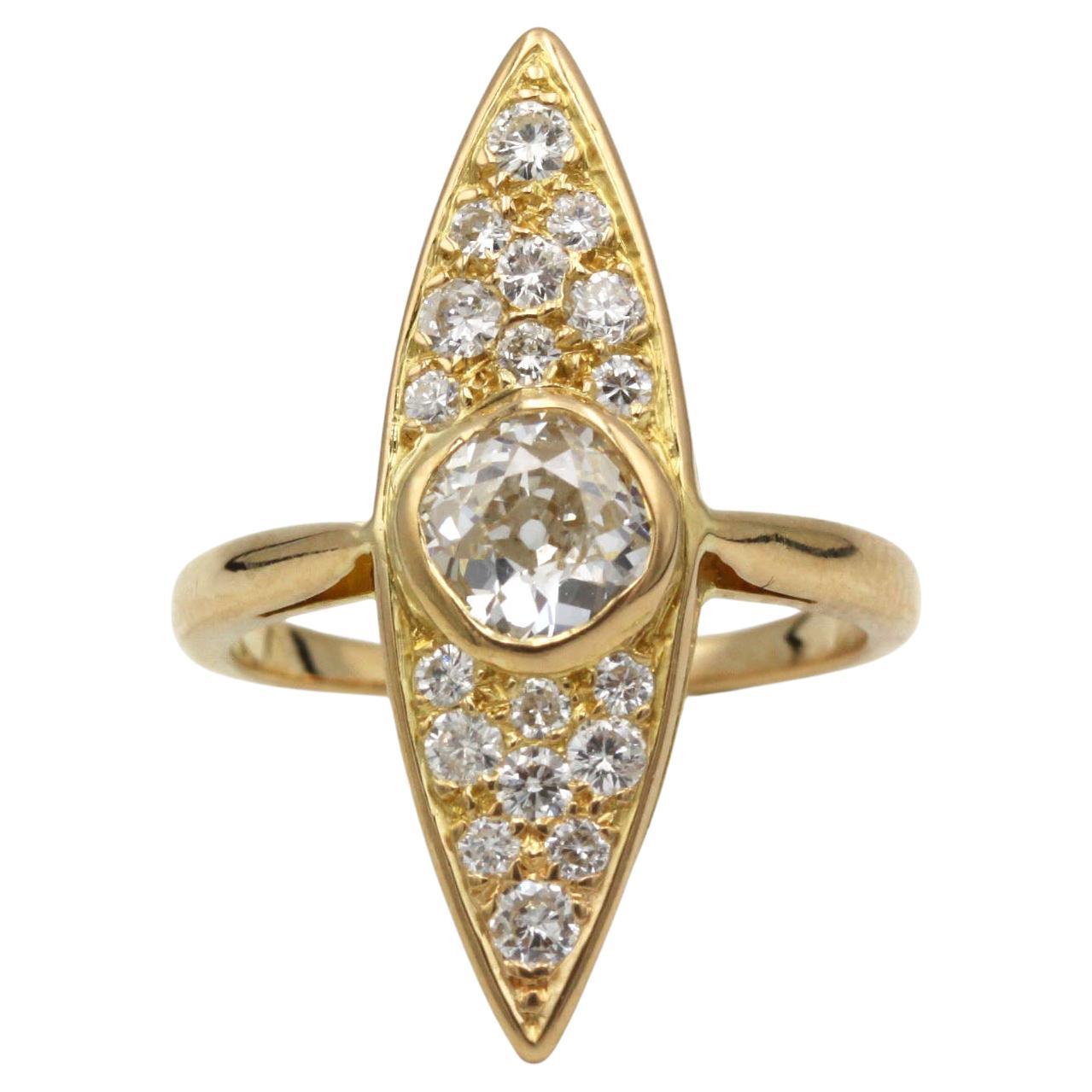 Marquise-Shaped 18K Gold Ring with 0.70 ct Old-Mine Diamond & 18 Old mine For Sale