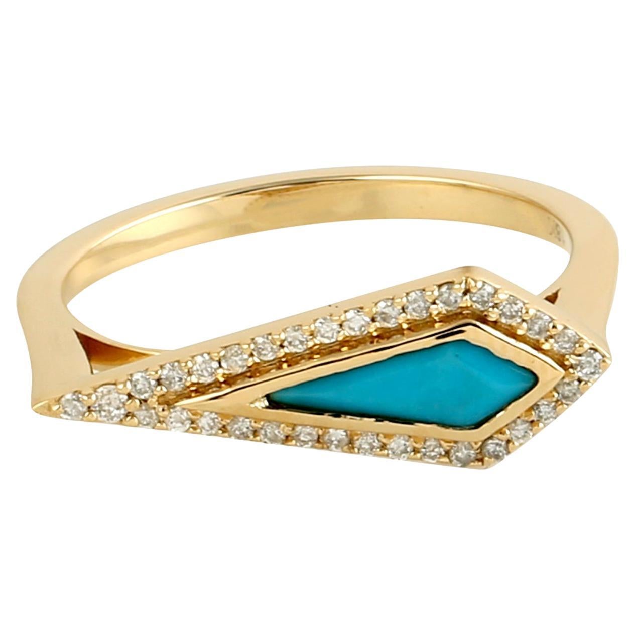 Marquise Shaped Blue Turquoise Cocktail Ring w/ Pave Diamonds In 18k Yellow Gold
