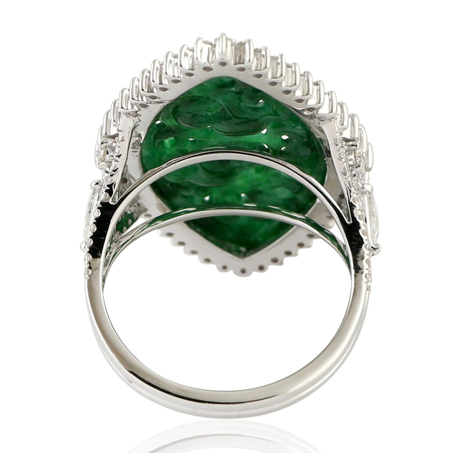 Artisan Marquise Shaped Carved Jade Ring Accented With Pave Diamonds In 18k White Gold For Sale