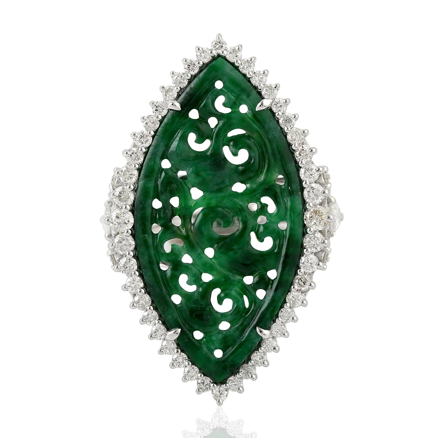 Mixed Cut Marquise Shaped Carved Jade Ring Accented With Pave Diamonds In 18k White Gold For Sale