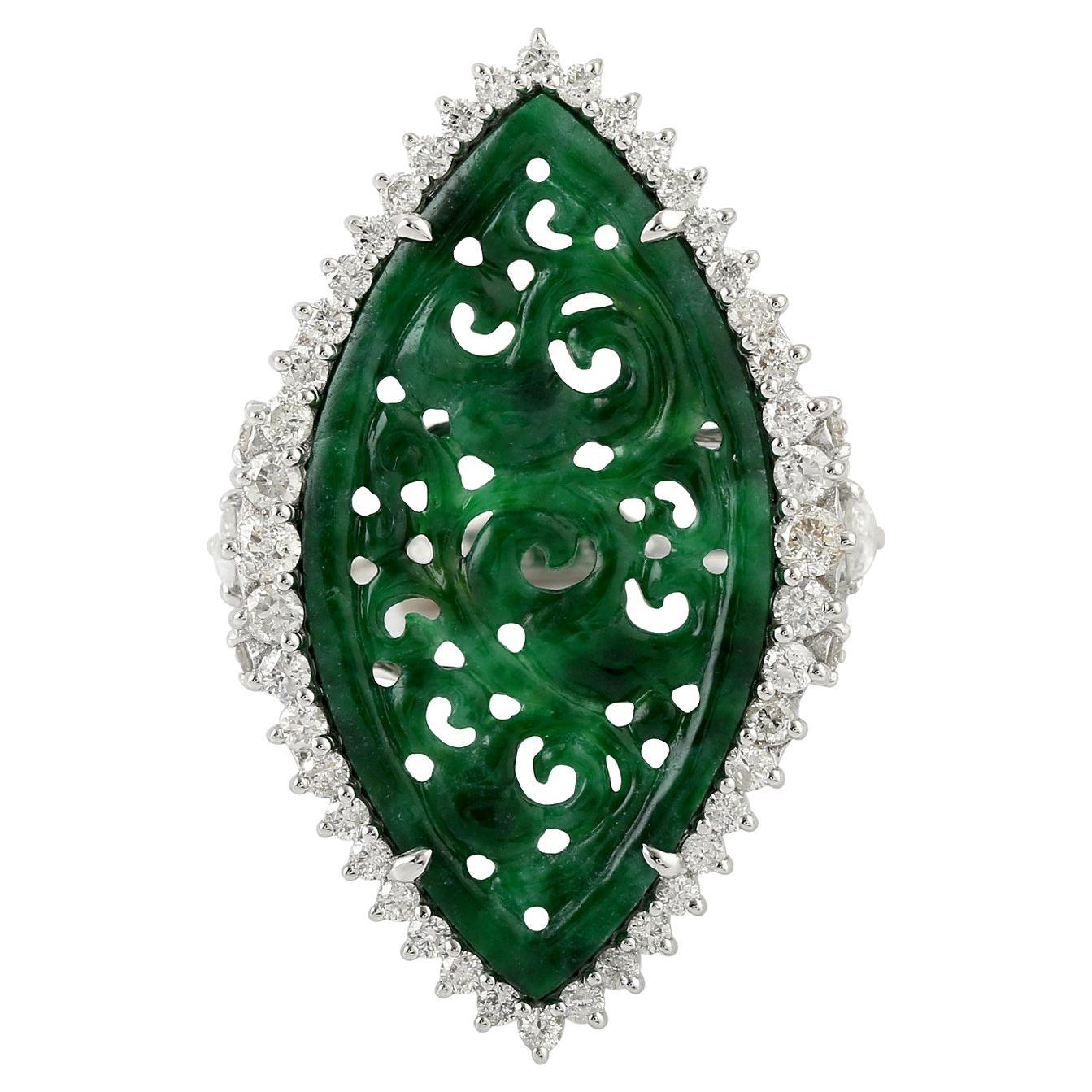 Marquise Shaped Carved Jade Ring Accented With Pave Diamonds In 18k White Gold For Sale