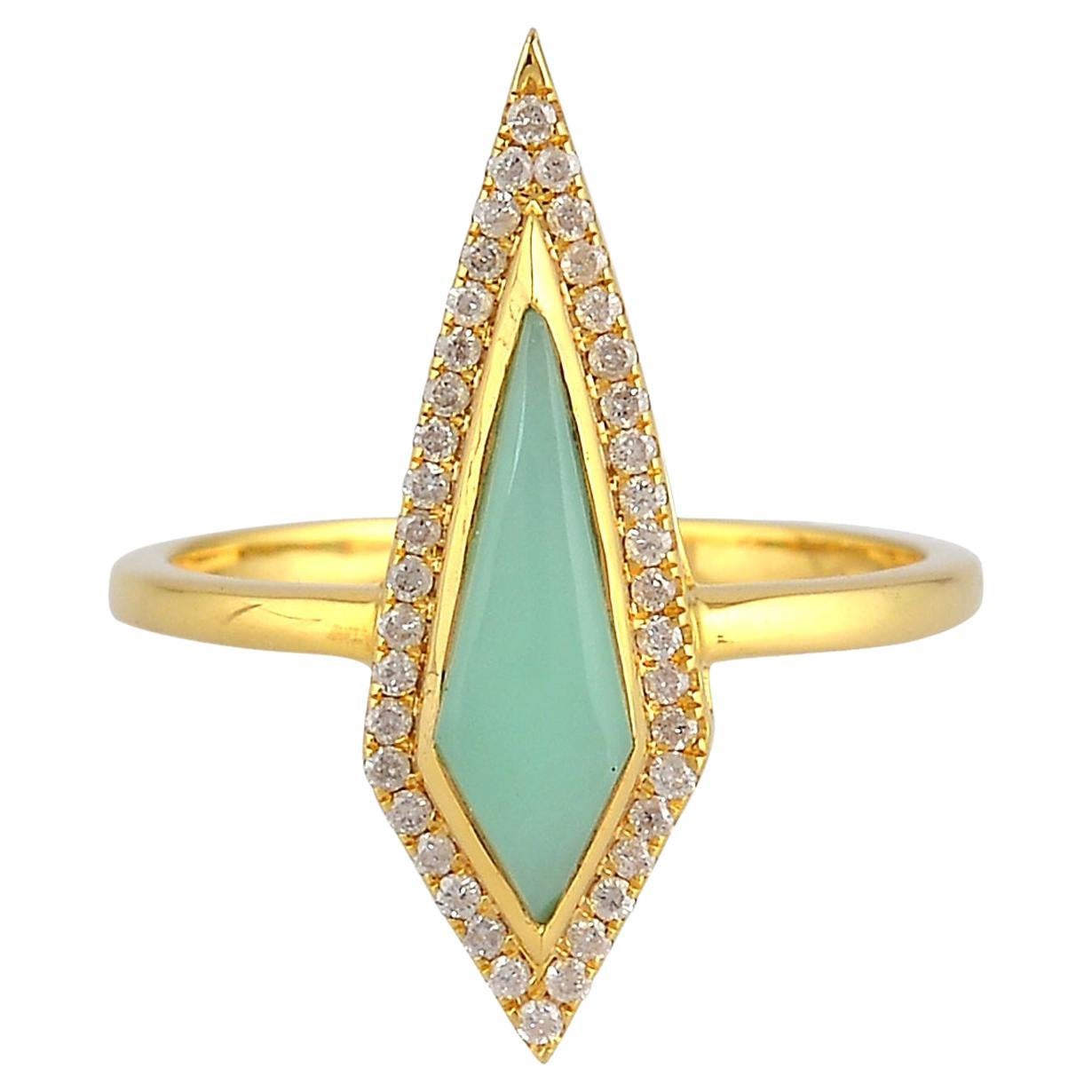 Marquise Shaped Chrysoprase Cocktail Ring w/ Pave Diamonds In 18k Yellow Gold