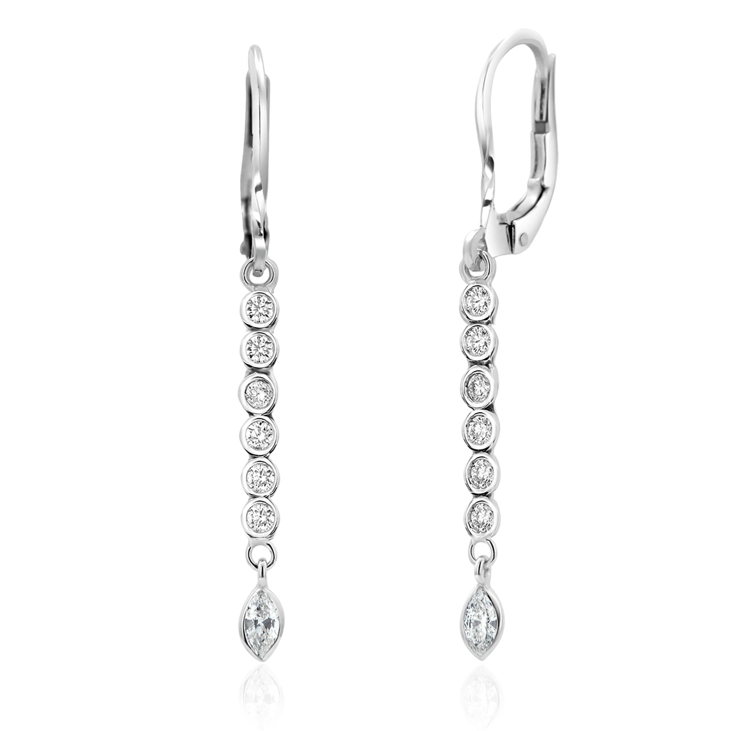 Contemporary Marquise Shaped Diamond and Diamond Line Drop Gold Lever Back Earrings
