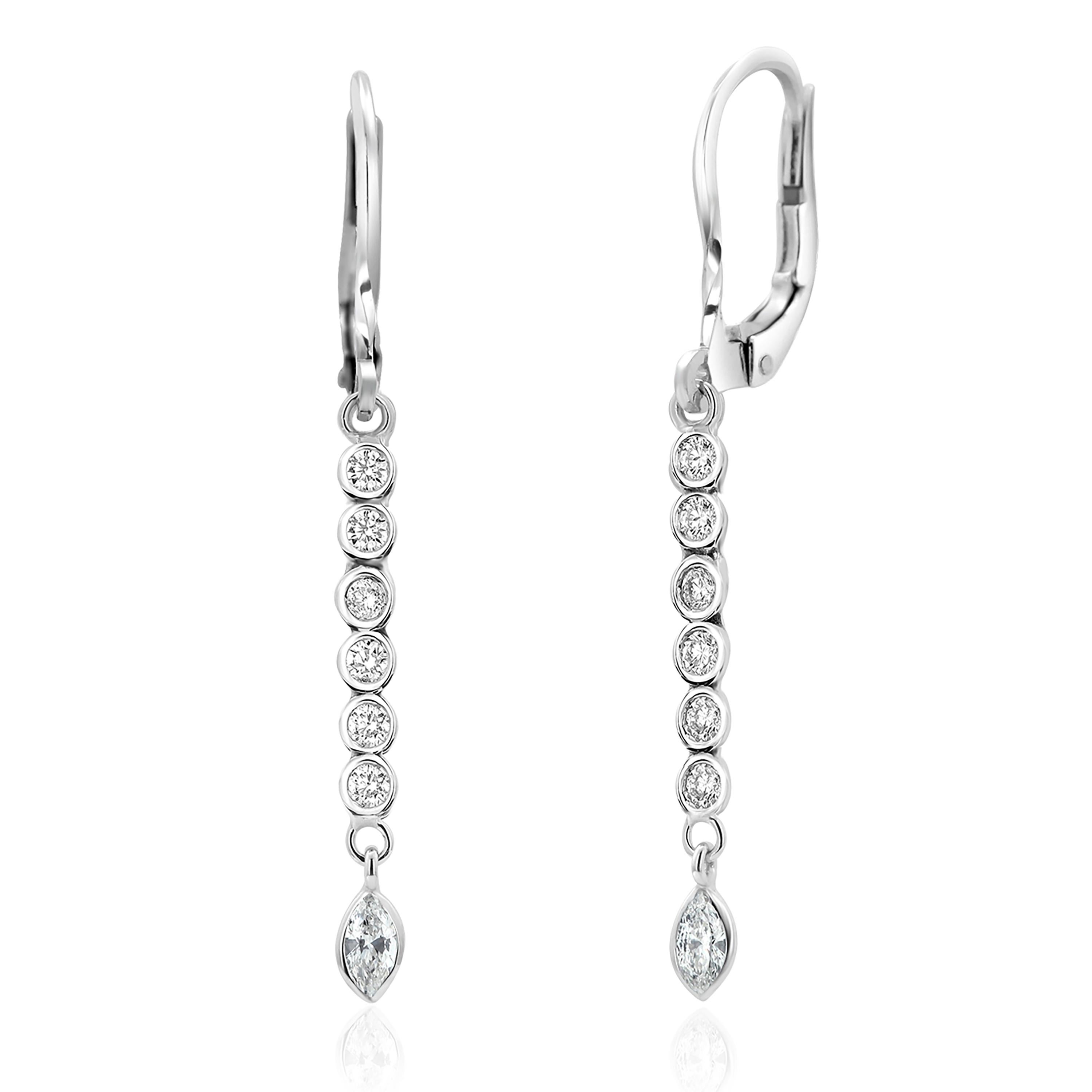 Marquise Shaped Diamond and Diamond Line Drop Gold Lever Back Earrings In New Condition In New York, NY