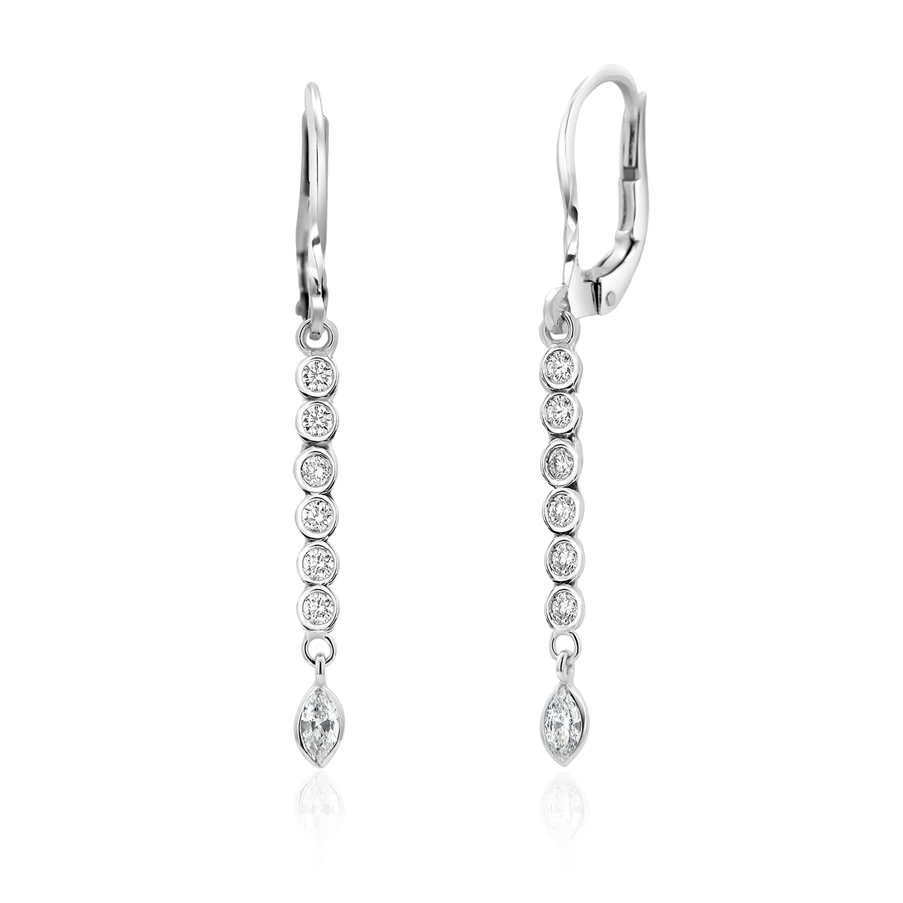 Marquise Shaped Diamond and Diamond Line Drop Gold Lever Back Earrings 1
